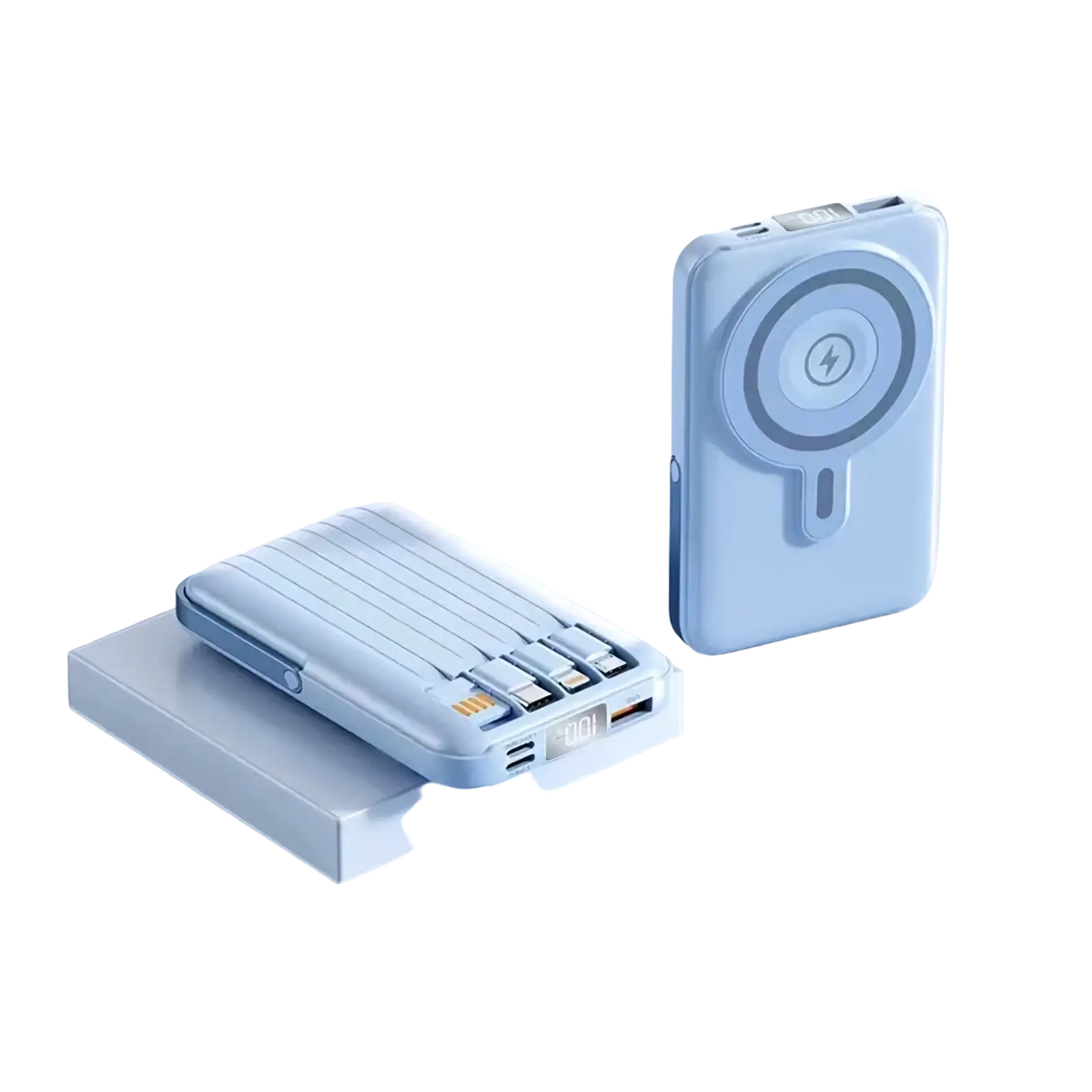 Two light blue wireless magnetic power banks 10000mah fast charge with ribbed design and circular wireless charging pad