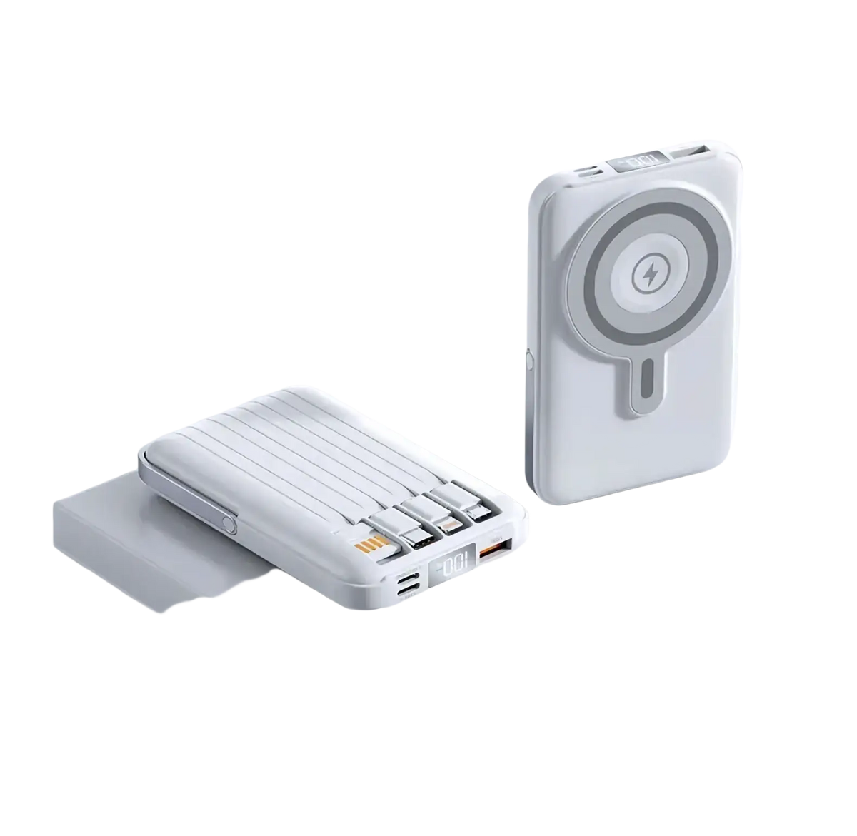Two white wireless magnetic power banks 10000mah fast charge with ribbed design and circular wireless pad