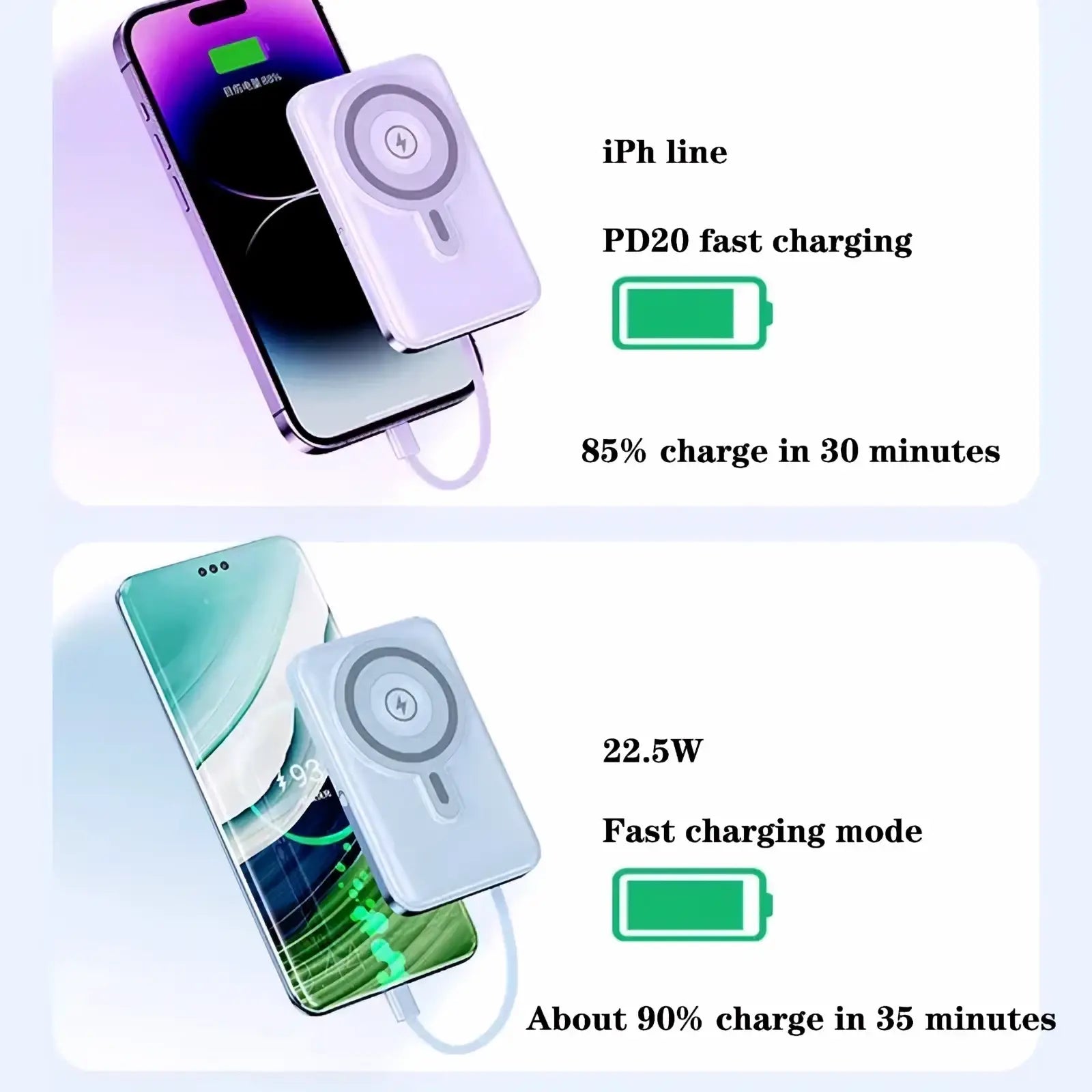White wireless magnetic power bank 10000mah fast charge with circular induction symbol and minimalist design