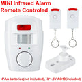 White mini infrared wireless motion sensor alarm system with red indicator light and two white remote controls with keychains