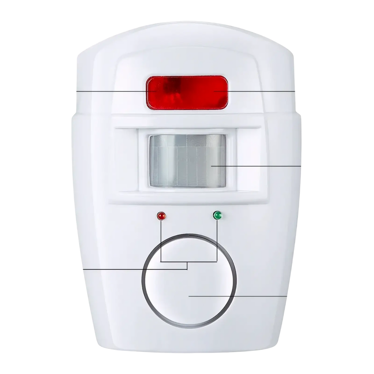 White plastic wireless motion sensor alarm system with red power light pir sensor window and circular alarm horn