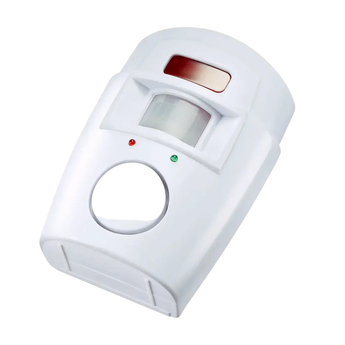 White plastic wireless motion sensor alarm system with red and green indicator lights for security detection