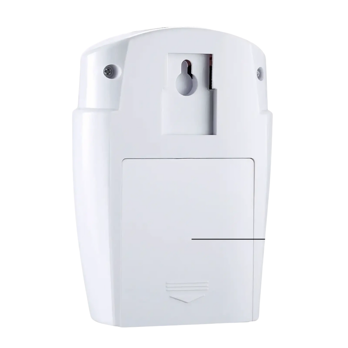 White plastic wireless motion sensor alarm system showing the back with rectangular battery compartment and mounting hole