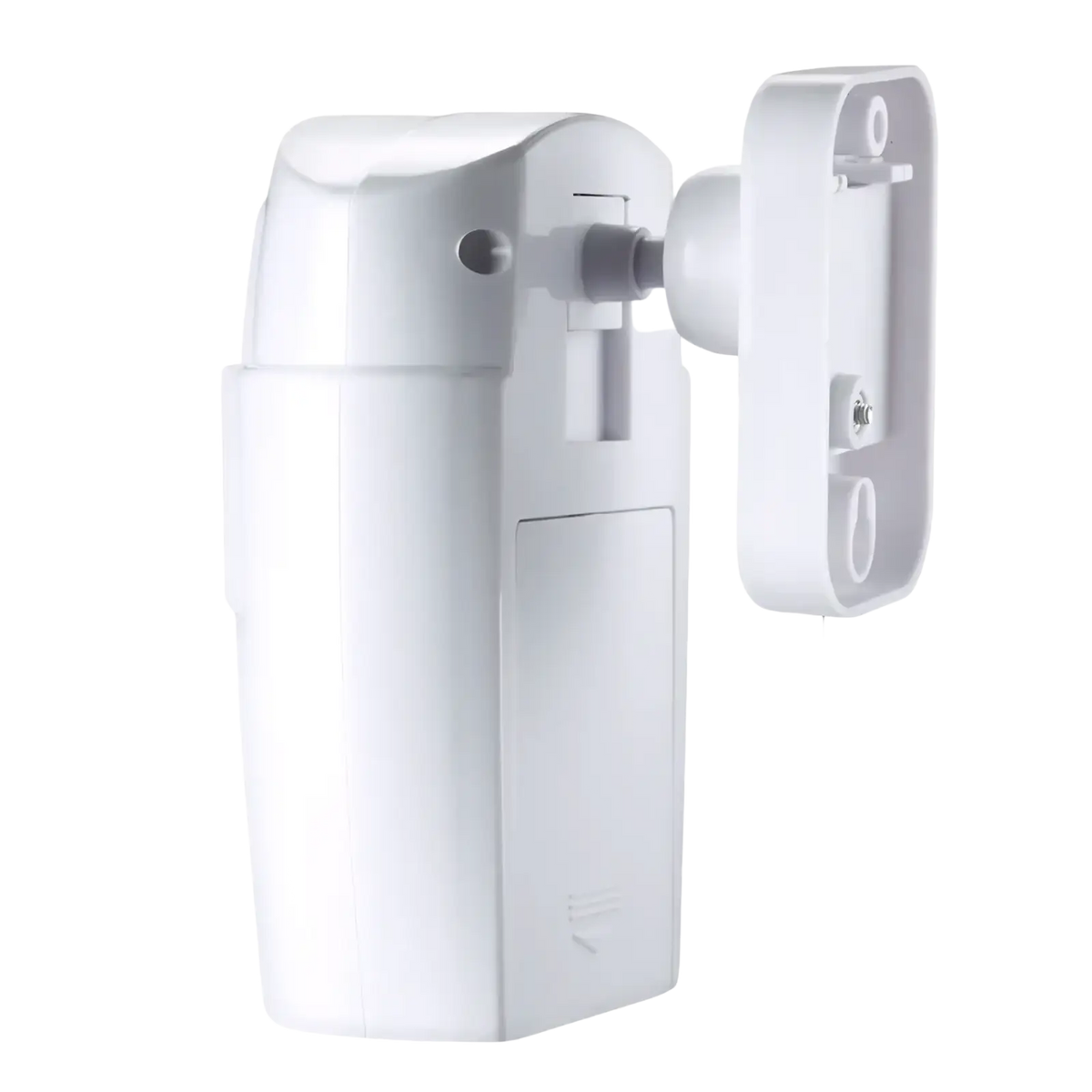 White plastic wireless motion sensor alarm system with mounting bracket for indoor security detection