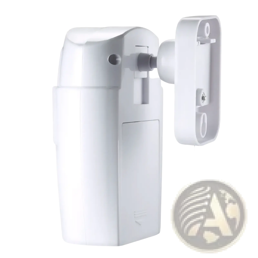 White plastic wireless motion sensor alarm system with mounting bracket for indoor security detection