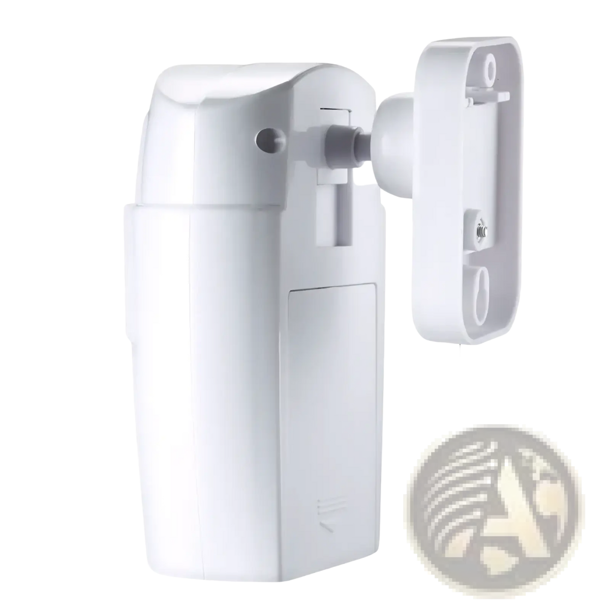 White plastic wireless motion sensor alarm system with mounting bracket for indoor security detection