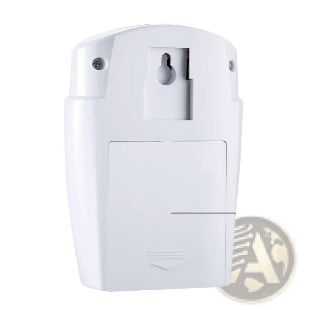 White plastic wireless motion sensor alarm system showing the back with rectangular battery compartment and mounting hole