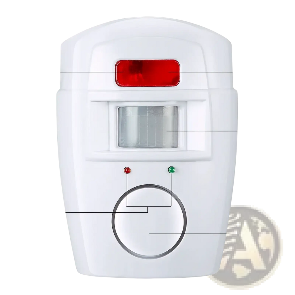 White plastic wireless motion sensor alarm system with red power light pir sensor window and circular alarm horn