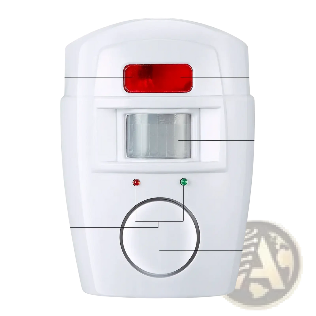 White plastic wireless motion sensor alarm system with red power light pir sensor window and circular alarm horn