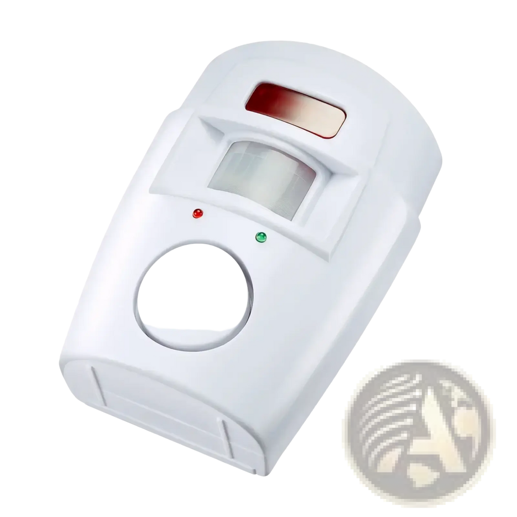 White plastic wireless motion sensor alarm system with red and green indicator lights for security detection