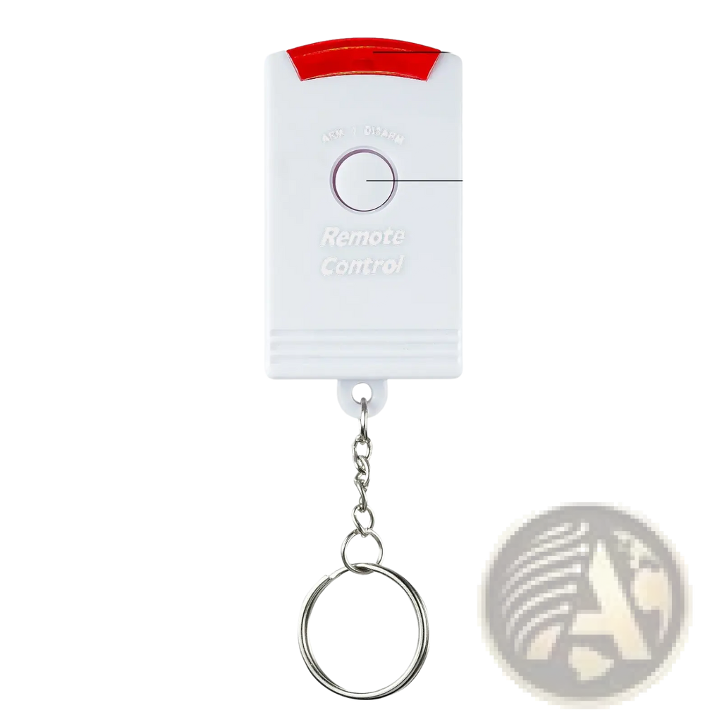 White plastic wireless motion sensor alarm system remote control with red signal window and silver metal keychain