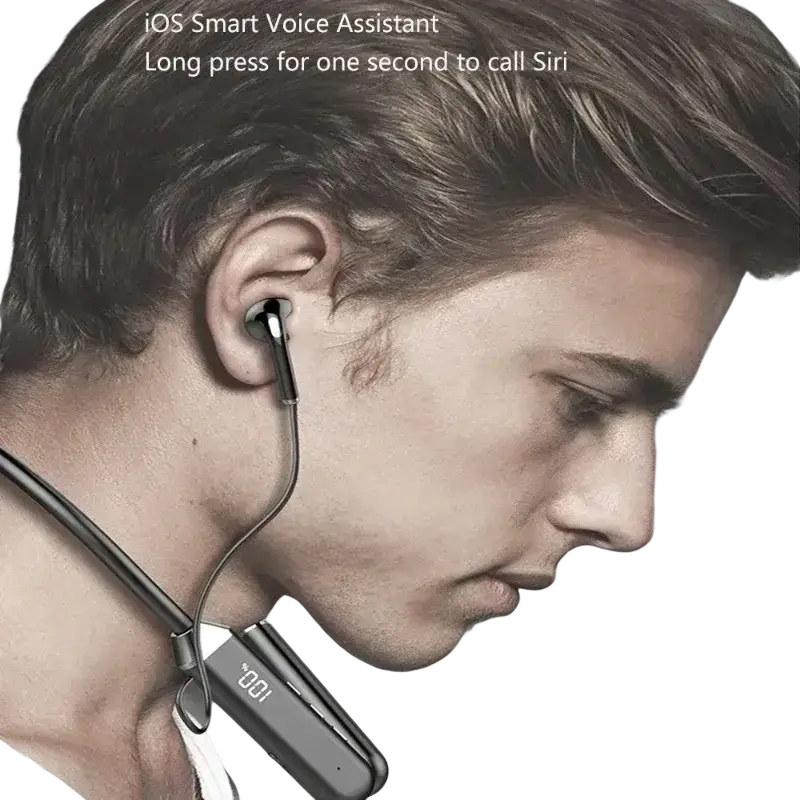 Black wireless neckband bluetooth earphones with led display and sleek minimalist design featuring integrated control module