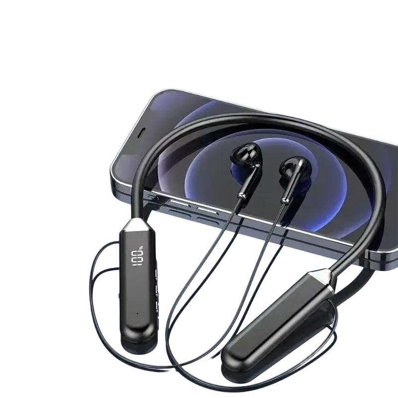 Black wireless neckband bluetooth earphones with sleek glossy finish and led digital display on control module