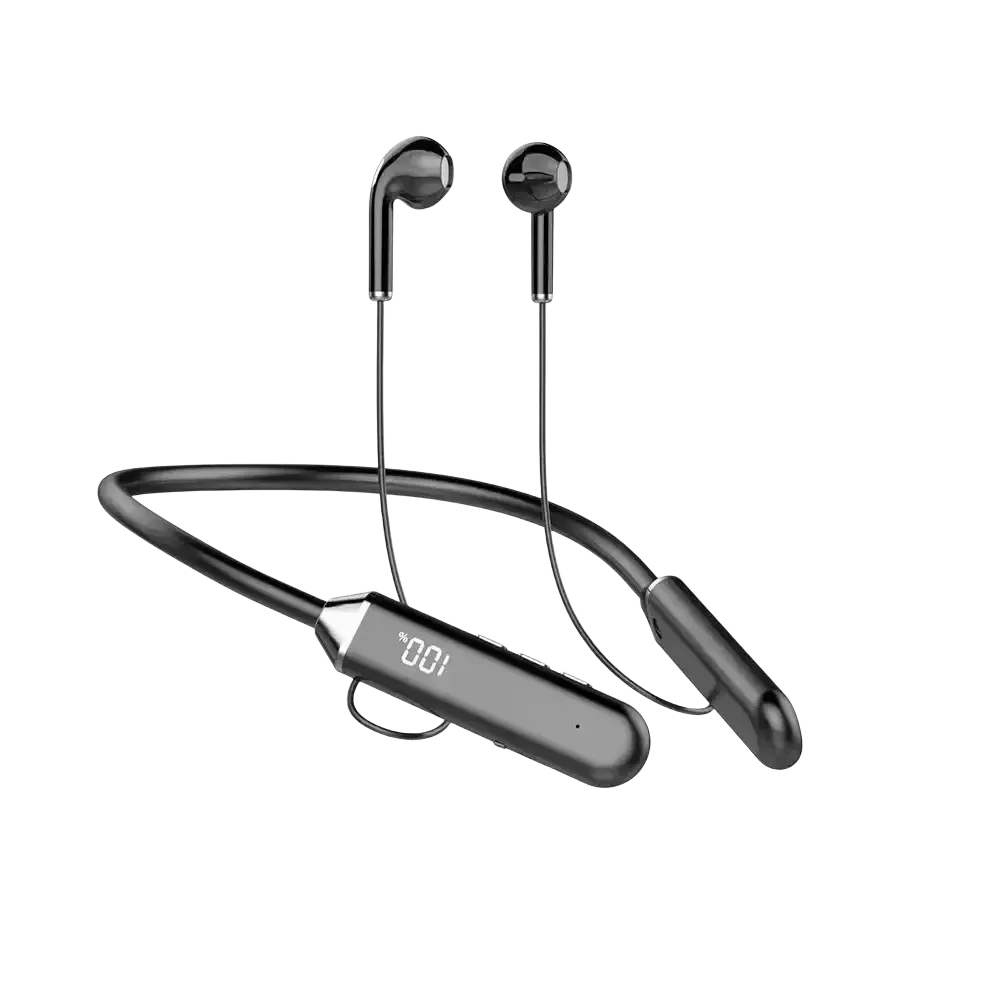 Black wireless neckband bluetooth earphones with sleek minimalist design and led display showing 001 on control module