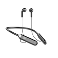 Black wireless neckband bluetooth earphones with sleek minimalist design and led display showing 001 on control module