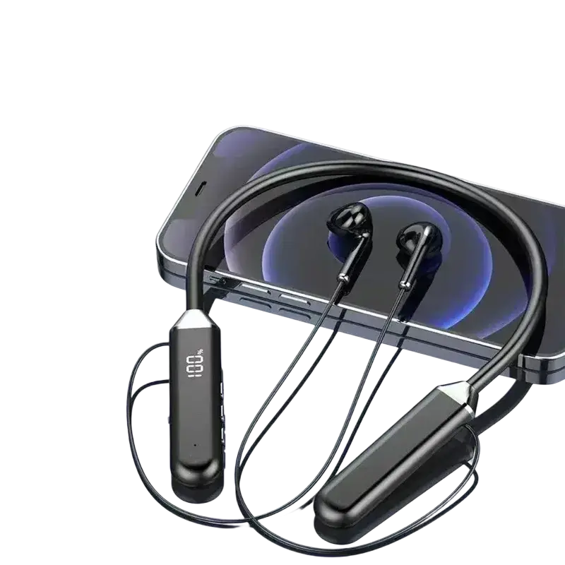 Black wireless neckband bluetooth earphones with sleek glossy finish and digital led display on the control module