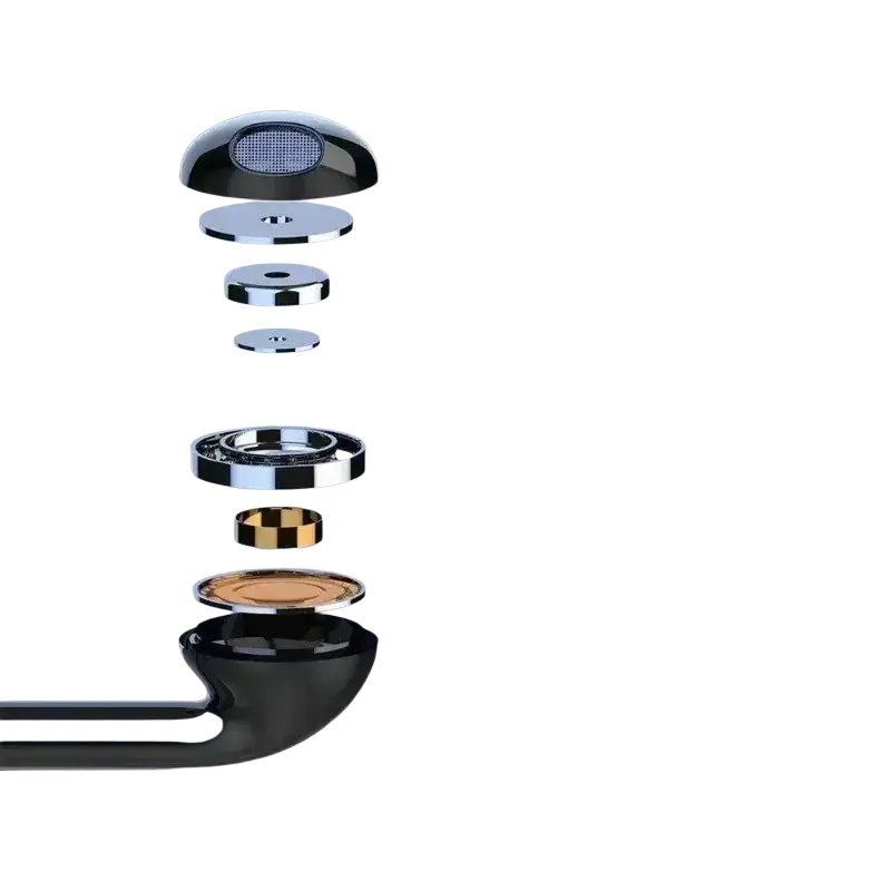 Chrome-finished showerhead with sleek modern design and black accents featured alongside wireless neckband bluetooth earphones with led display