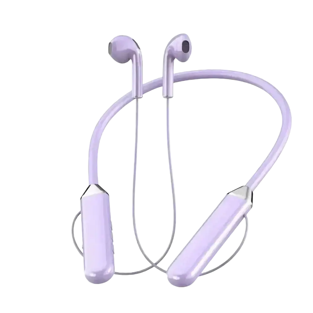 Lavender wireless neckband bluetooth earphones with led display featuring sleek glossy plastic earpieces and silver accents