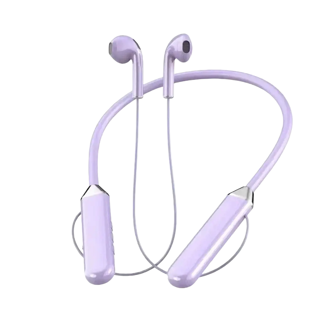 Lavender wireless neckband bluetooth earphones with led display featuring sleek glossy plastic earpieces and silver control modules