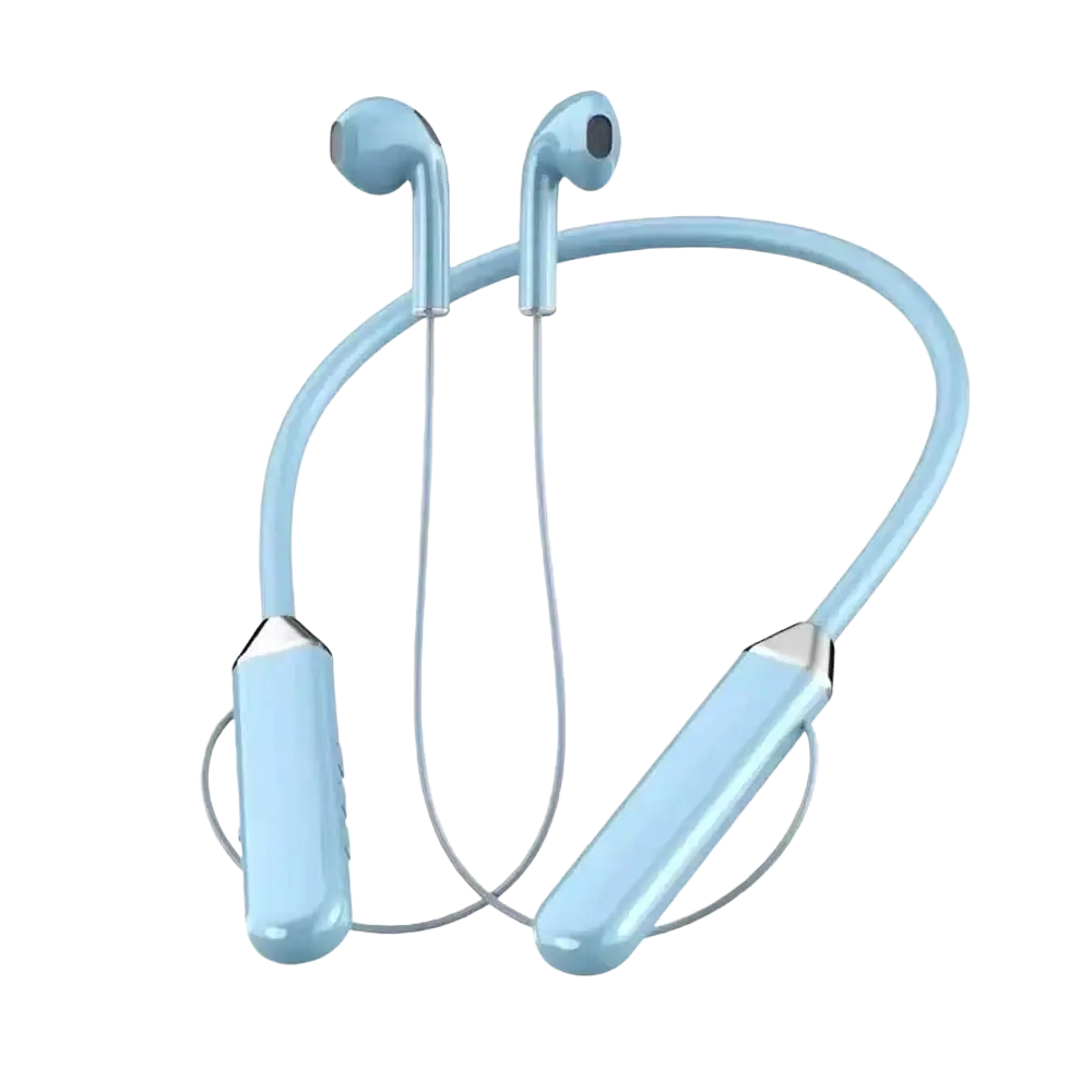 Light blue wireless neckband bluetooth earphones with led display featuring sleek ergonomic design and metallic accents