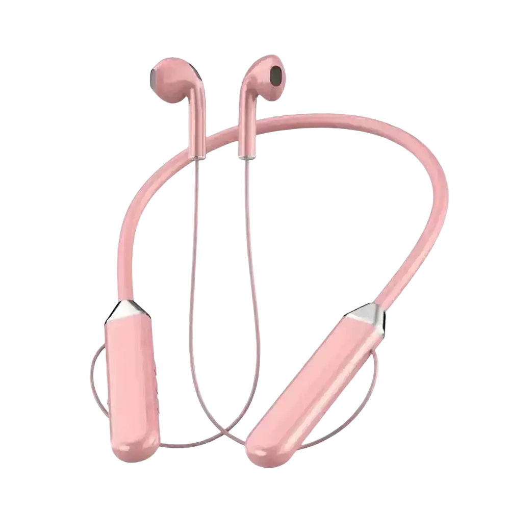 Pink wireless neckband bluetooth earphones with led display featuring sleek glossy finish and silver earpiece accents