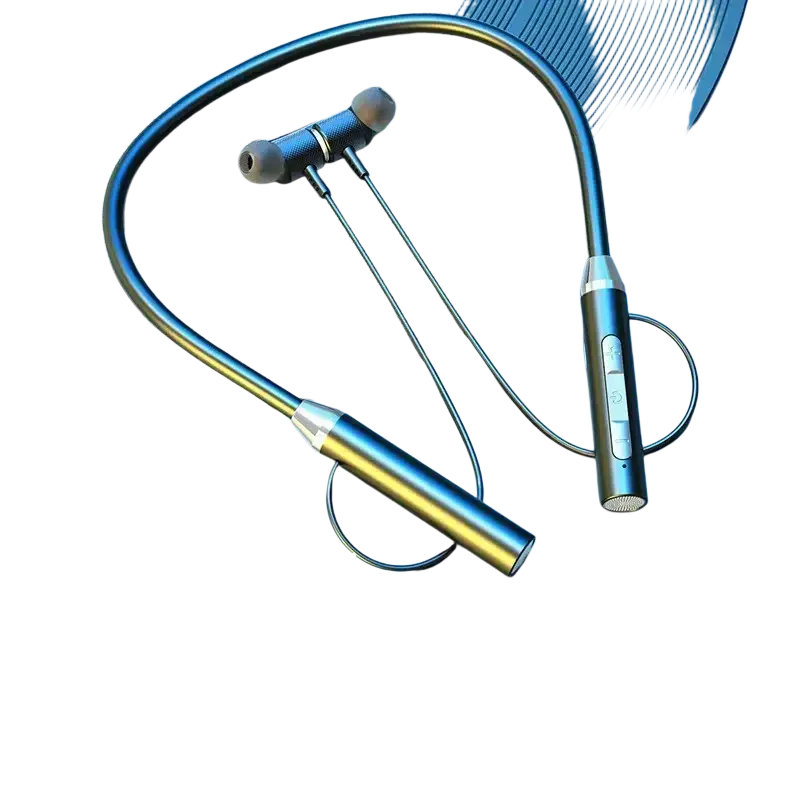 Blue and gold metallic wireless neckband earphones with mic and bluetooth featuring a sleek curved design