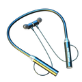 Blue and gold metallic wireless neckband earphones with silver accents featuring mic and bluetooth connectivity