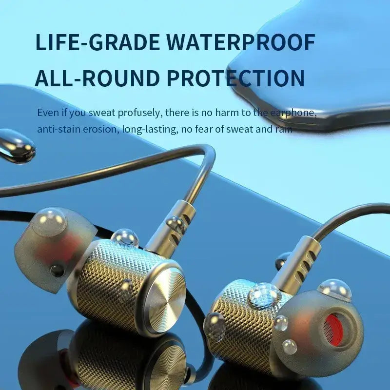 Silver and gold textured wireless neckband earphones with metallic accents and bluetooth mic for hands free use
