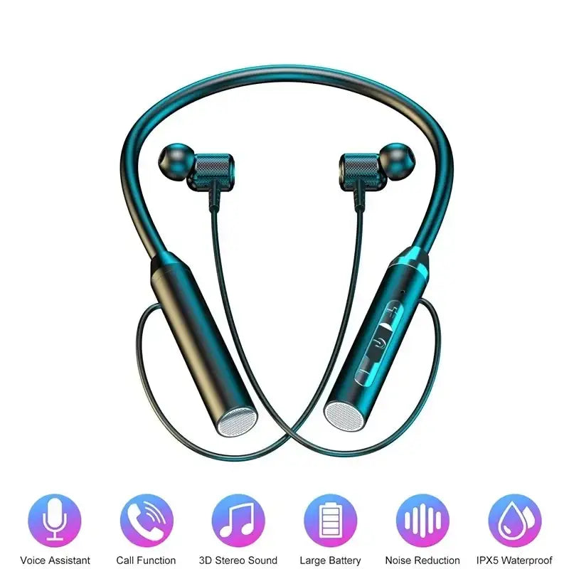 Wireless neckband earphones with mic and Bluetooth in teal and black with sleek metallic finish