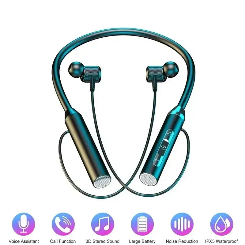 Teal and black wireless neckband earphones with mic and Bluetooth featuring a sleek metallic finish