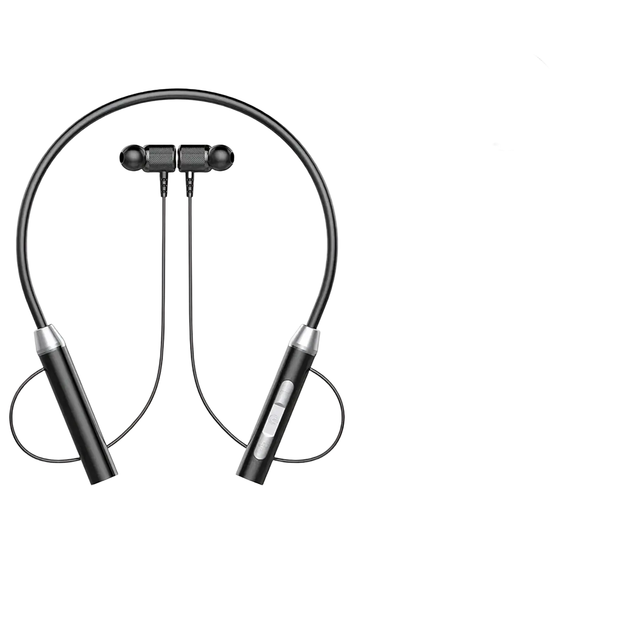 Black wireless neckband gaming earphones with silver accents and Bluetooth led featuring a sleek modern design