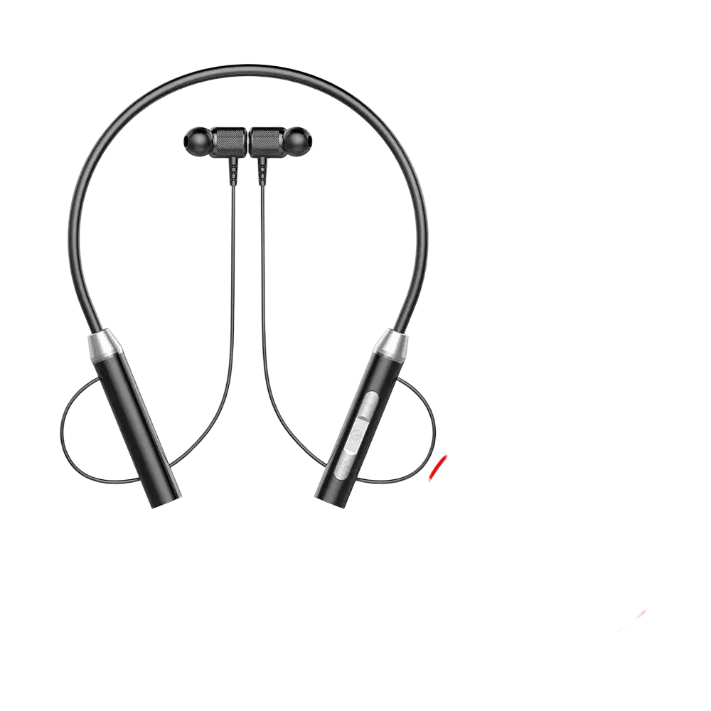 Black and silver wireless neckband gaming earphones with bluetooth led and a sleek minimalist design
