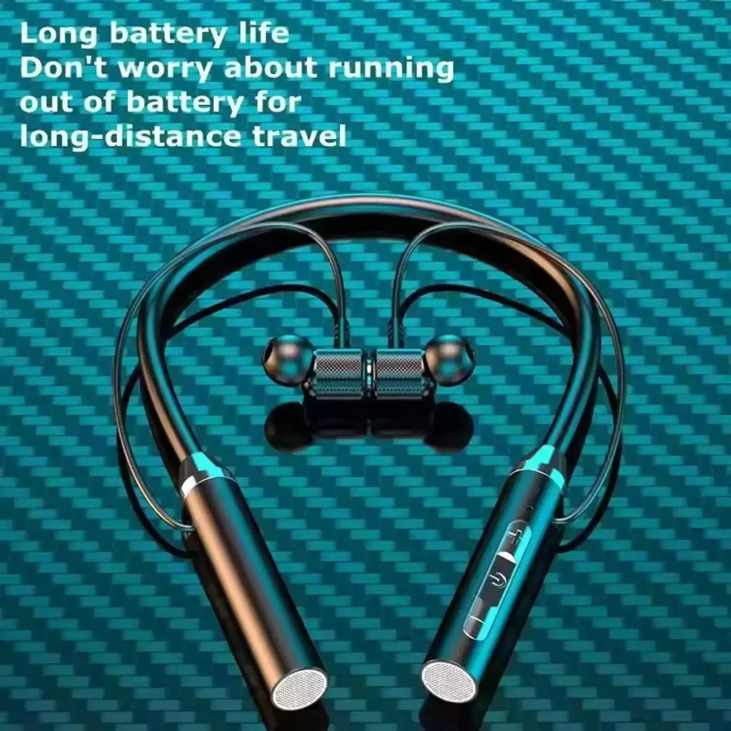 Black and teal wireless neckband gaming earphones with Bluetooth led, metallic accents, and control buttons