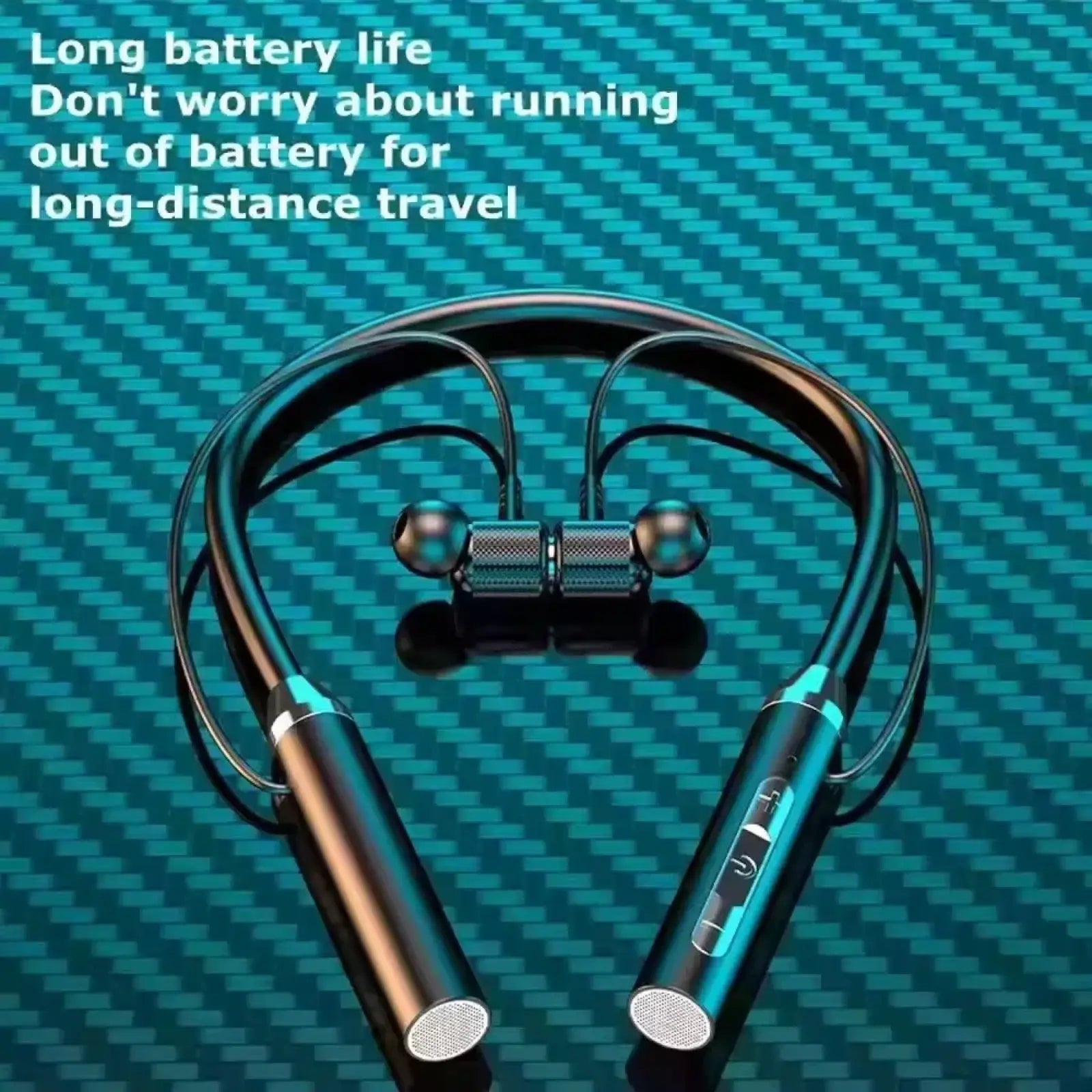 Black and teal wireless neckband gaming earphones with Bluetooth led, metallic accents, and control buttons