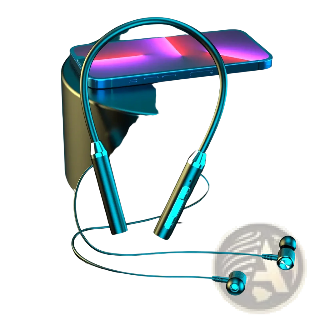 Blue metallic wireless neckband gaming earphones with sleek curved design and glowing led Bluetooth accents