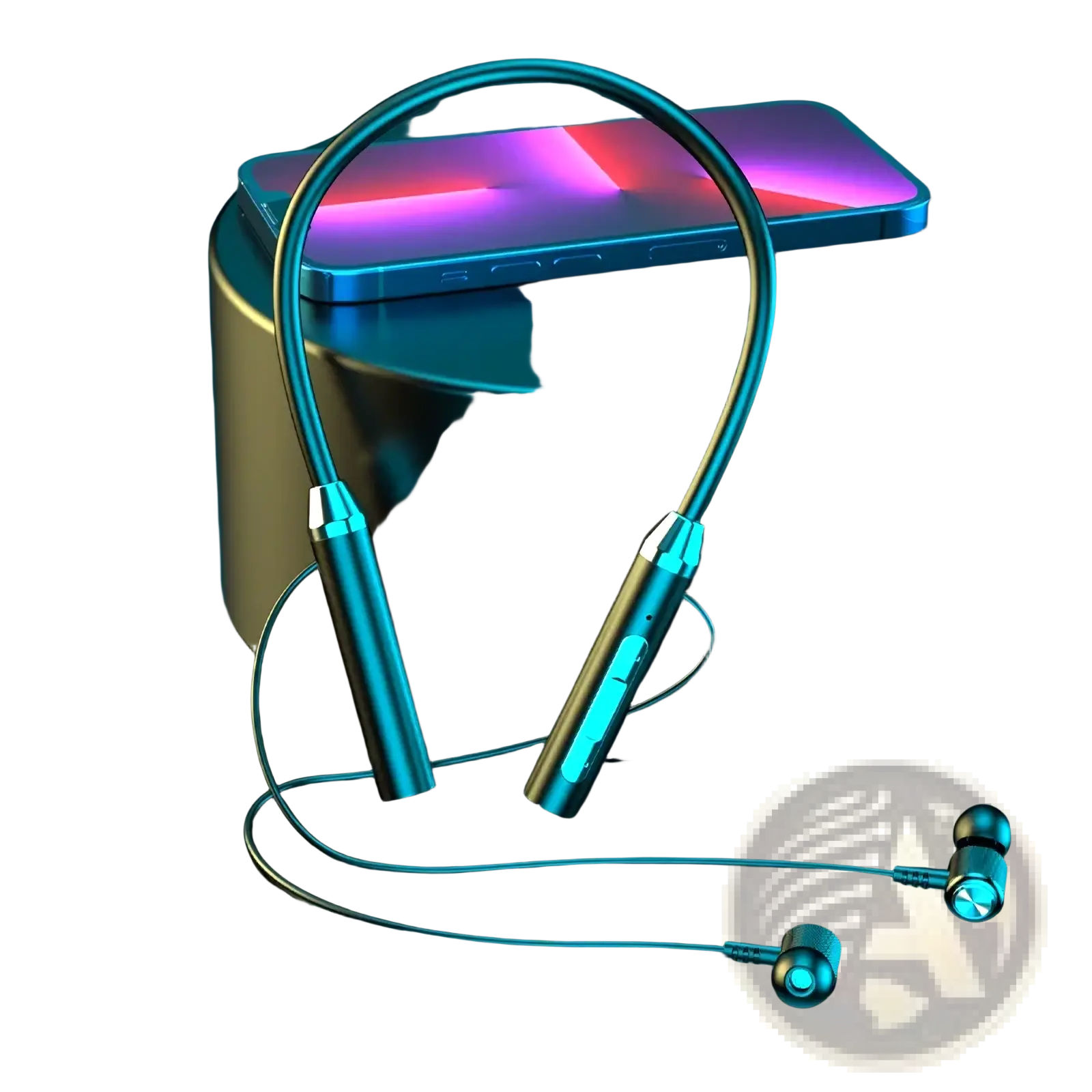 Blue metallic wireless neckband gaming earphones with sleek curved design and glowing led Bluetooth accents