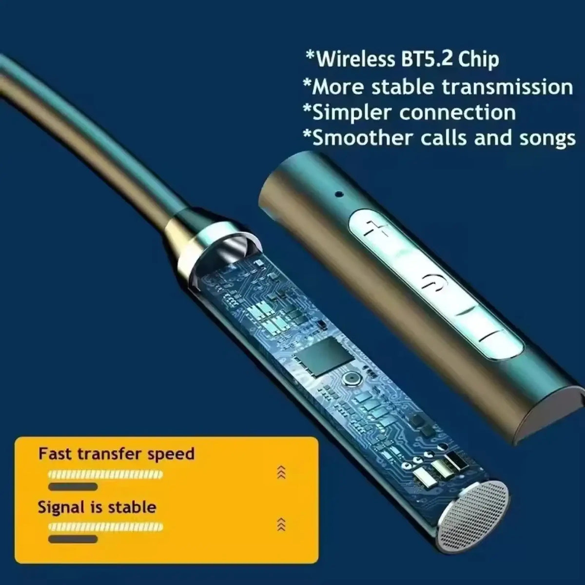 A sleek metallic wireless neckband gaming earphone with visible circuit board and control buttons in silver finish
