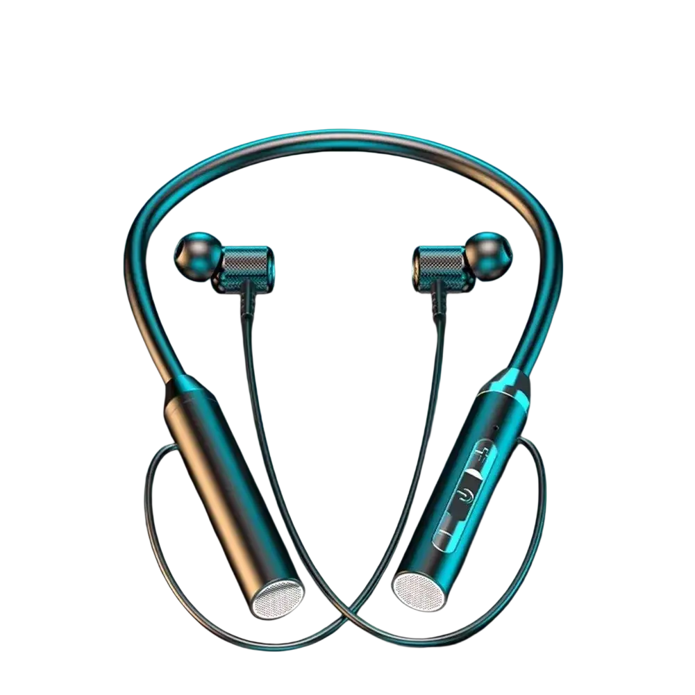 Teal and black wireless neckband gaming earphones with bluetooth led feature sleek metallic finish and textured earpieces