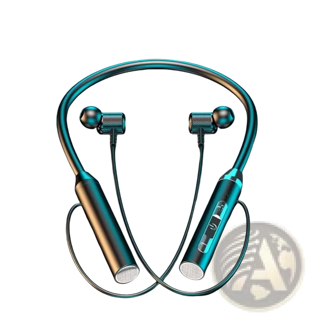 Teal and black wireless neckband gaming earphones with bluetooth led feature sleek metallic finish and textured earpieces