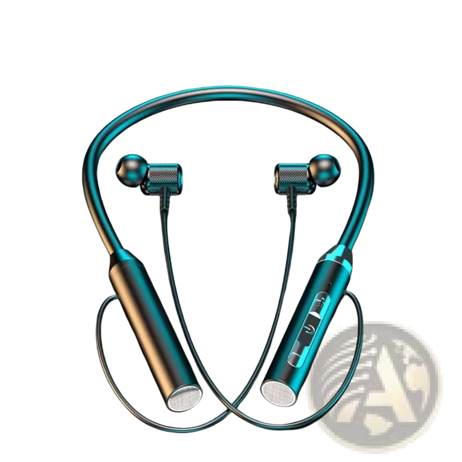 Teal and black wireless neckband gaming earphones with bluetooth led feature sleek metallic finish and textured earpieces