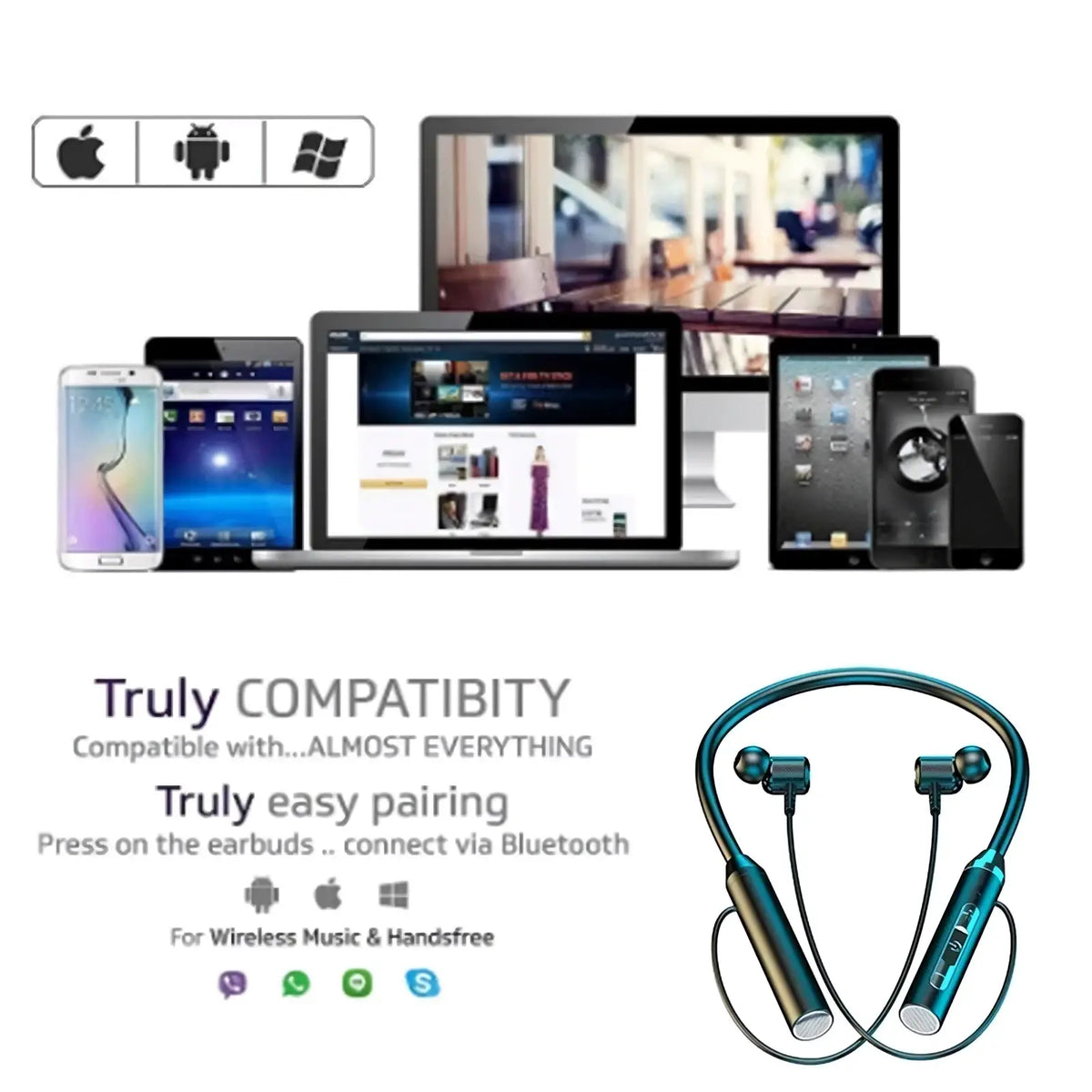 Teal and silver wireless neckband gaming earphones with bluetooth and LED in a sleek curved design