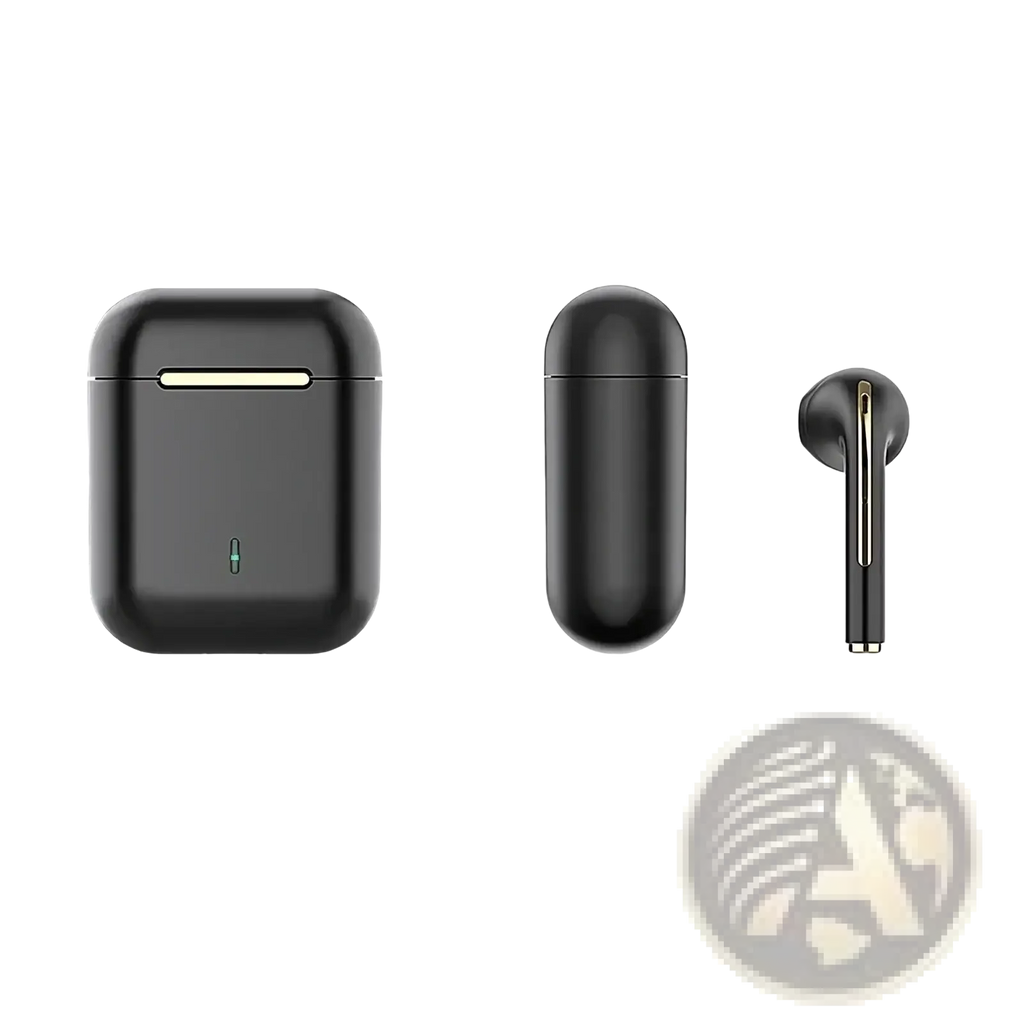 Black wireless noise cancelling earbuds with sleek matte finish and gold accent lines bluetooth 5.3 technology