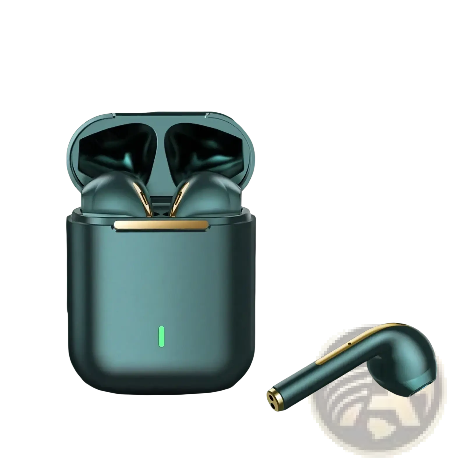Green wireless noise cancelling earbuds with gold accents in a matching charging case bluetooth 5.3 model