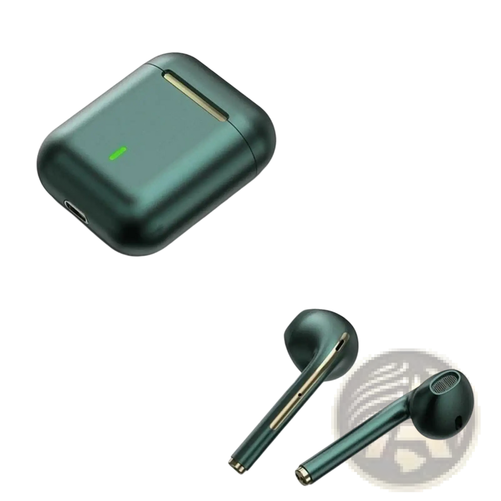 Teal wireless noise cancelling earbuds with gold accents and touch control in matching charging case bluetooth 5.3