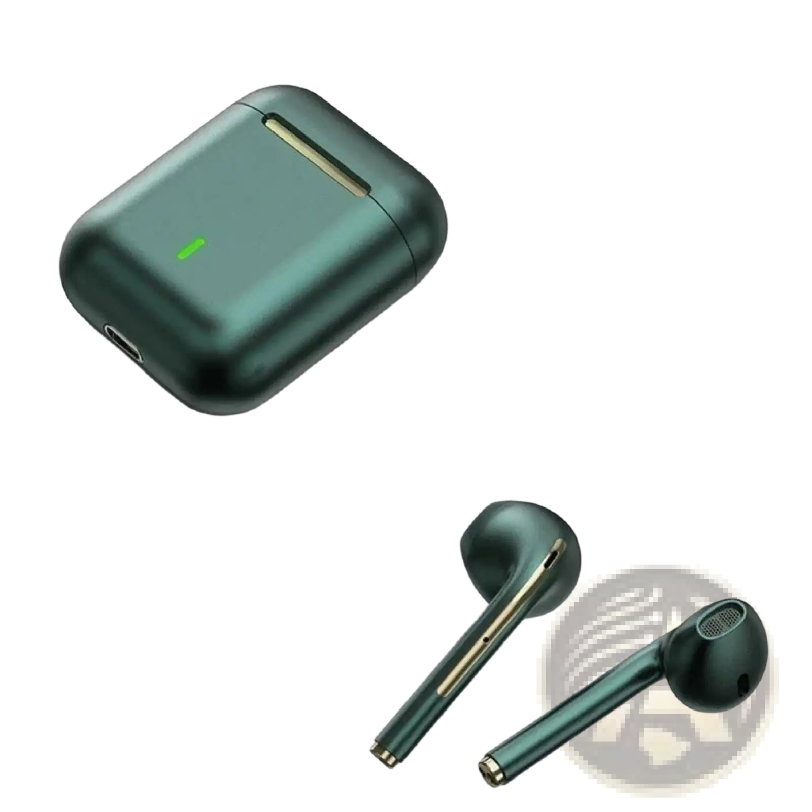 Teal wireless noise cancelling earbuds with gold accents and matching charging case featuring touch control Bluetooth 5.3