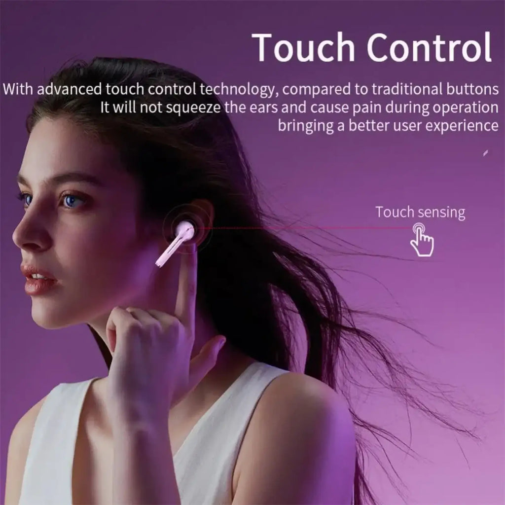 White wireless noise cancelling earbud with touch control technology and bluetooth 5.3 for clear audio