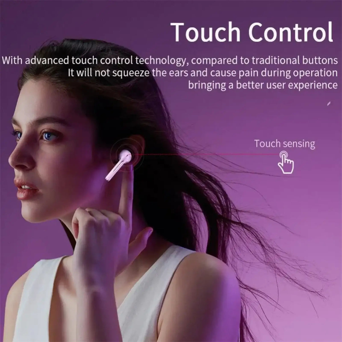 White wireless noise cancelling earbud with touch control technology and bluetooth 5.3 for advanced audio use