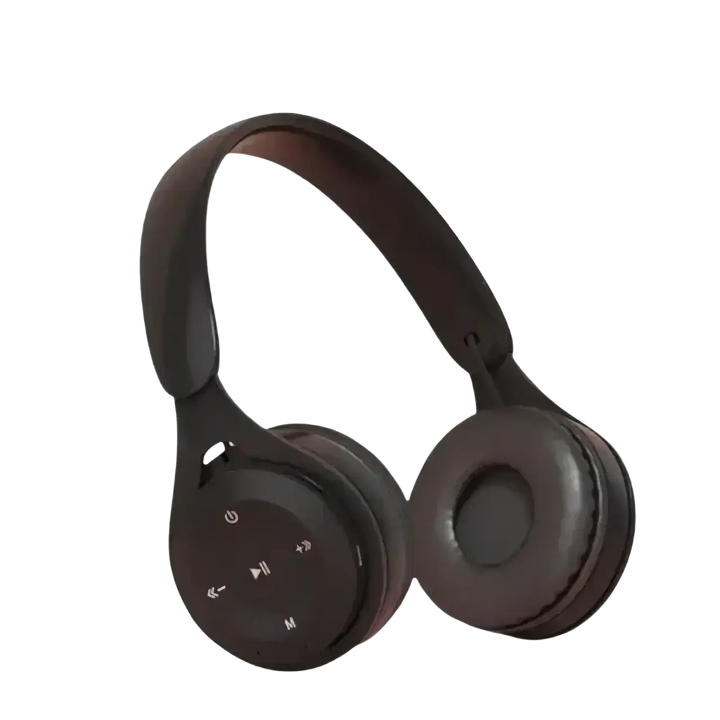 Black wireless over ear bluetooth headphones with matte finish, circular control buttons, and 3.5mm audio port