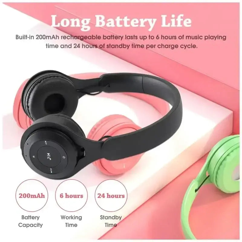 Black wireless over ear bluetooth headphones with sleek design, soft earcups, 3.5mm audio port, and fast charging time