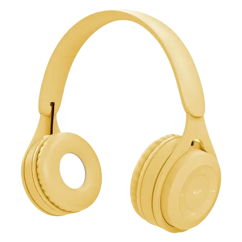 Cream-colored wireless over ear Bluetooth headphones with soft padded earcups and 3.5mm audio port and charging time